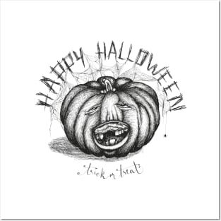 Hand drawn handwriting lettering happy halloween spooky smiling toothless pumpkin Posters and Art